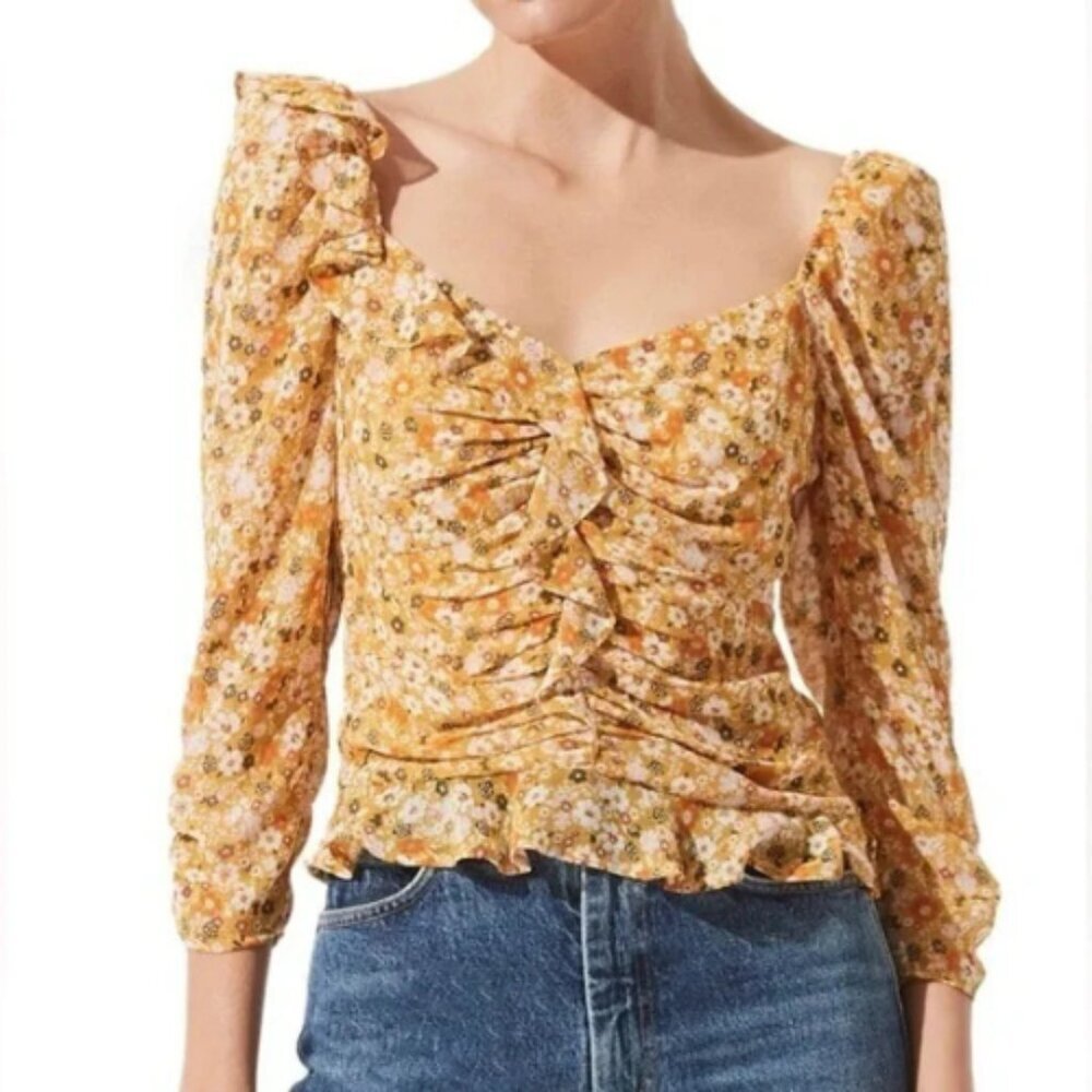 ASTR Womens M Ruched Sleeve Sweetheart Top Mustard Orange Ditsy Floral Print